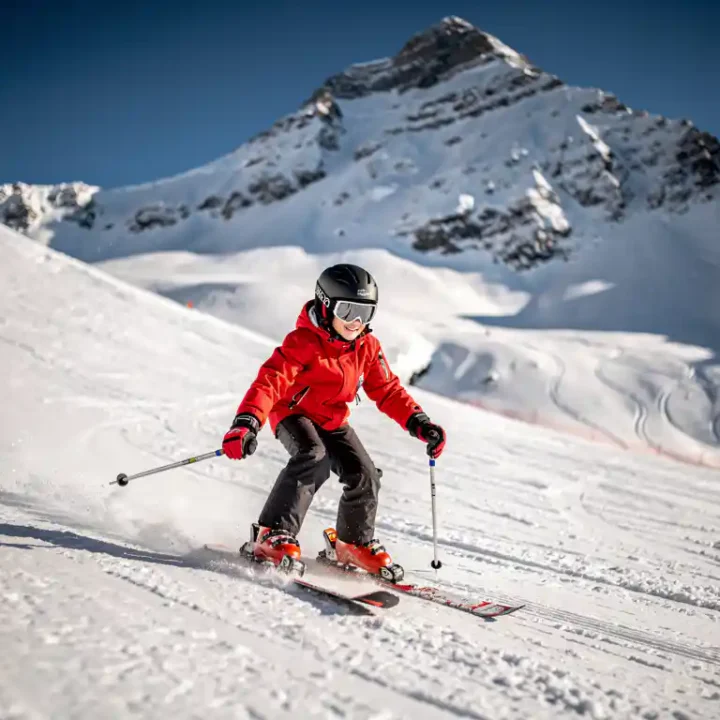 Beginnende skiër in rode jas daalt voorzichtig een brede piste af met besneeuwde Alpentoppen op de achtergrond.