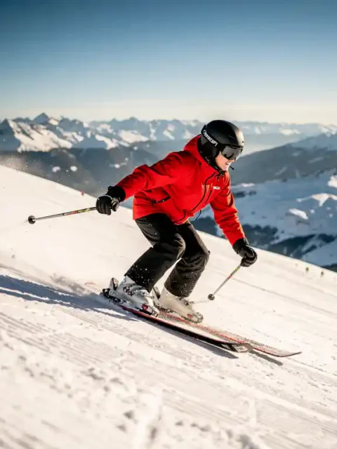 Beginner skiër in rood jack maakt een ploegbocht op steile gepiste Alpenhelling, met wit bergpanorama onder stralende middagzon.