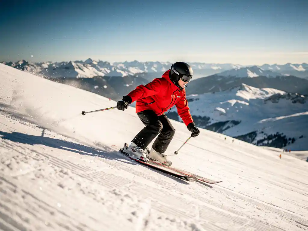 Beginner skiër in rood jack maakt een ploegbocht op steile gepiste Alpenhelling, met wit bergpanorama onder stralende middagzon.