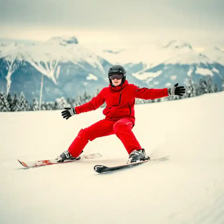 Beginnende skiër in rood jack met snowploegtechniek op verzorgde alpine piste, met besneeuwde bergtoppen op de achtergrond.