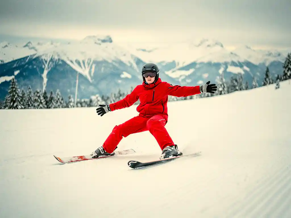 Beginnende skiër in rood jack met snowploegtechniek op verzorgde alpine piste, met besneeuwde bergtoppen op de achtergrond.
