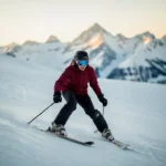 Beginner skiër in sneeuwploegpositie op zachte helling, knieën naar binnen gebogen, skitoppen in V-vorm, Alpiene toppen op de achtergrond.