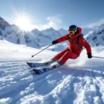 Beginnende skiër in rode jas maakt perfecte ploegbocht op versgeprepareerde sneeuw met Alpenbergen en dennenbomen onder heldere blauwe hemel.