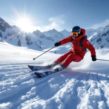Beginnende skiër in rode jas maakt perfecte ploegbocht op versgeprepareerde sneeuw met Alpenbergen en dennenbomen onder heldere blauwe hemel.