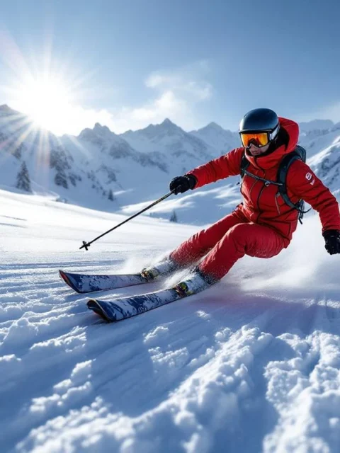 Beginnende skiër in rode jas maakt perfecte ploegbocht op versgeprepareerde sneeuw met Alpenbergen en dennenbomen onder heldere blauwe hemel.