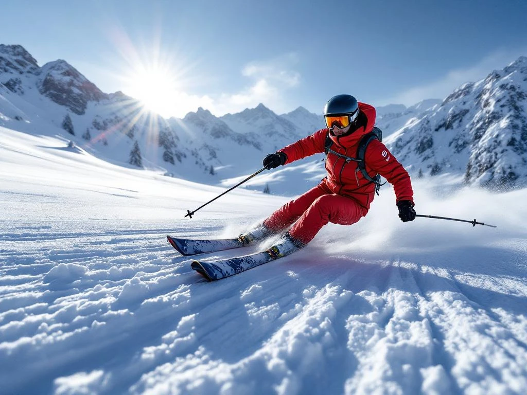 Beginnende skiër in rode jas maakt perfecte ploegbocht op versgeprepareerde sneeuw met Alpenbergen en dennenbomen onder heldere blauwe hemel.