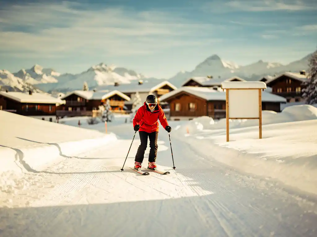 Beginner skiër in felrood jack daalt voorzichtig een zachte oefenpiste af, met skischoolbord en Alpendorp op de achtergrond.