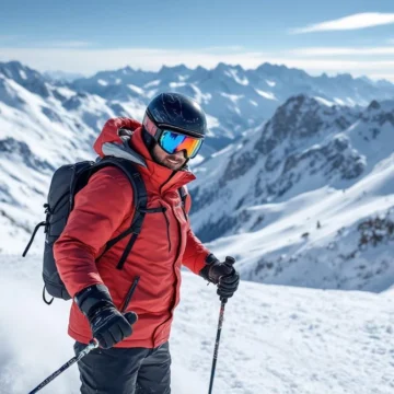 Beginner skiër in rode jas oefent correcte houding met instructeur op zonnige piste met perfect geprepareerde sneeuw en majestueuze Alpen op de achtergrond.