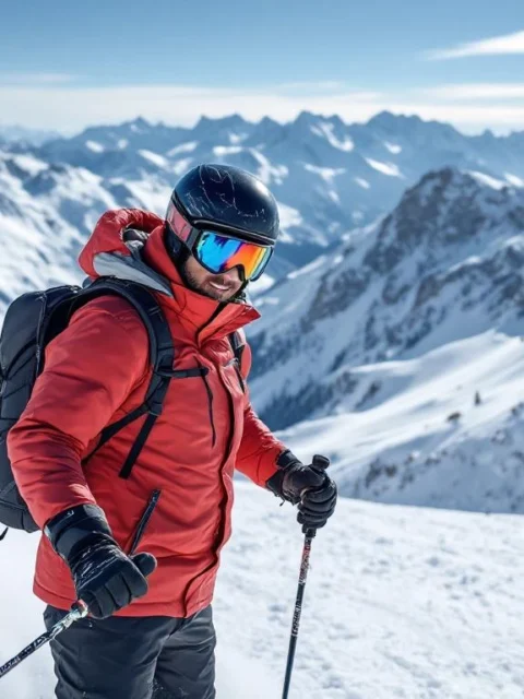 Beginner skiër in rode jas oefent correcte houding met instructeur op zonnige piste met perfect geprepareerde sneeuw en majestueuze Alpen op de achtergrond.