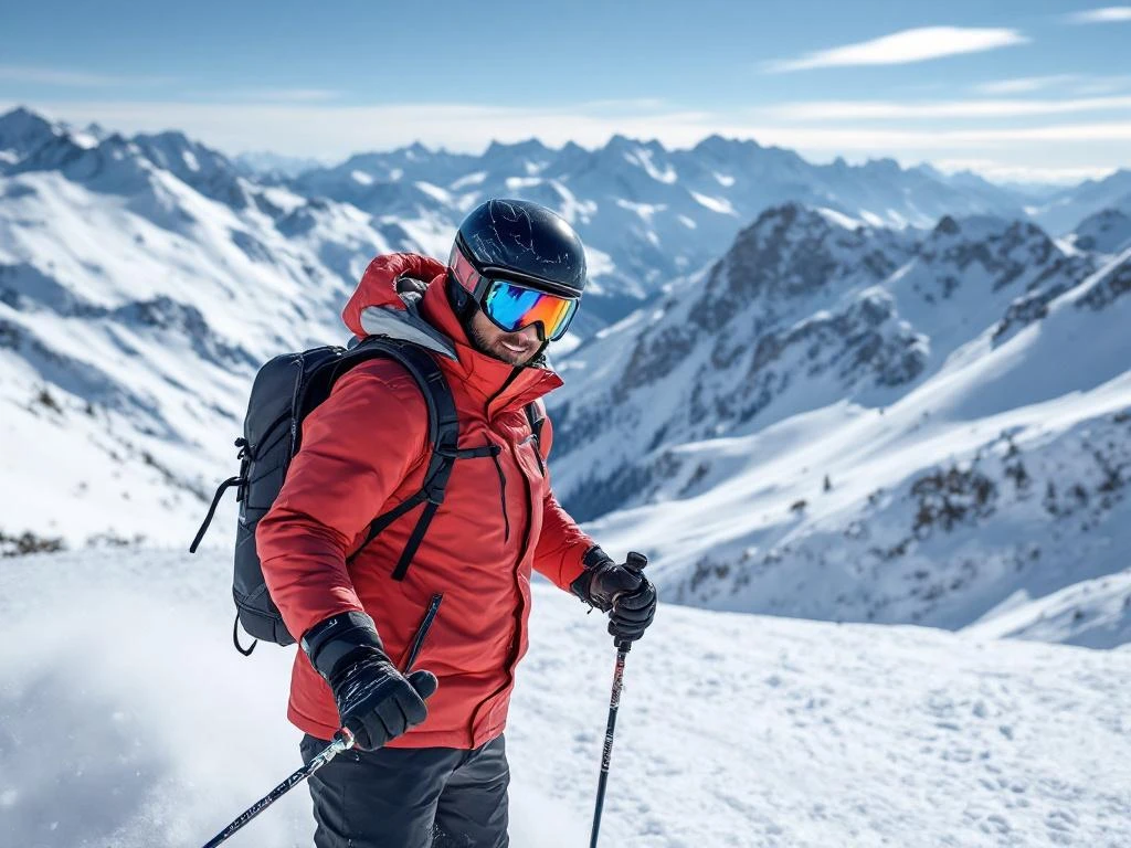Beginner skiër in rode jas oefent correcte houding met instructeur op zonnige piste met perfect geprepareerde sneeuw en majestueuze Alpen op de achtergrond.