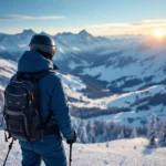 Beginnende skiër in felblauwe jas bij het instappunt van een stoeltjeslift in een besneeuwd Alpenlandschap met strakblauwe hemel en geprepareerde pistes.