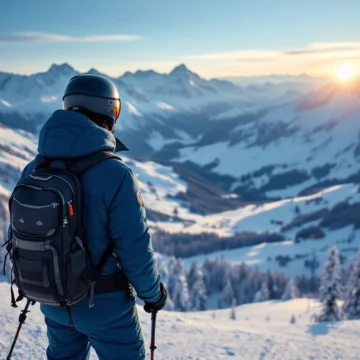 Beginnende skiër in felblauwe jas bij het instappunt van een stoeltjeslift in een besneeuwd Alpenlandschap met strakblauwe hemel en geprepareerde pistes.