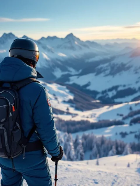 Beginnende skiër in felblauwe jas bij het instappunt van een stoeltjeslift in een besneeuwd Alpenlandschap met strakblauwe hemel en geprepareerde pistes.