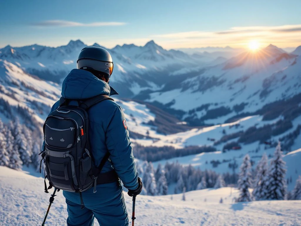 Beginnende skiër in felblauwe jas bij het instappunt van een stoeltjeslift in een besneeuwd Alpenlandschap met strakblauwe hemel en geprepareerde pistes.
