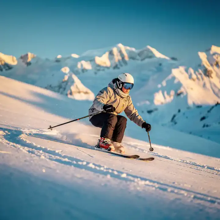 Beginnende skiër maakt eerste gesneden bocht op brede Alpijnse piste, met gouden ochtendlicht en kobaltblauwe lucht op de achtergrond.