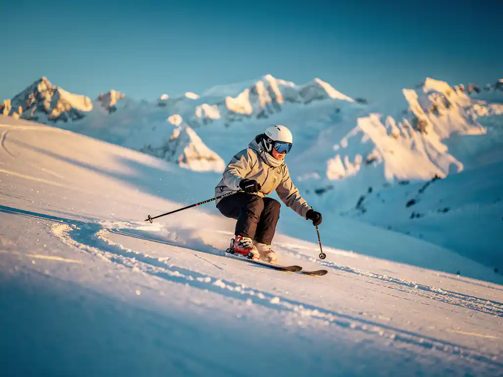 Beginnende skiër maakt eerste gesneden bocht op brede Alpijnse piste, met gouden ochtendlicht en kobaltblauwe lucht op de achtergrond.
