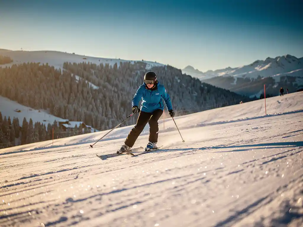 Beginnende skiër in felblauwe jas daalt voorzichtig een groene piste af, omgeven door besneeuwde Alpiene hellingen met dennenbomen.