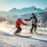 Beginner skiër maakt eerste voorzichtige bocht op brede piste, begeleid door instructeur, besneeuwde bergtoppen onder blauwe lucht.