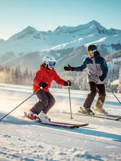 Beginner skiër maakt eerste voorzichtige bocht op brede piste, begeleid door instructeur, besneeuwde bergtoppen onder blauwe lucht.
