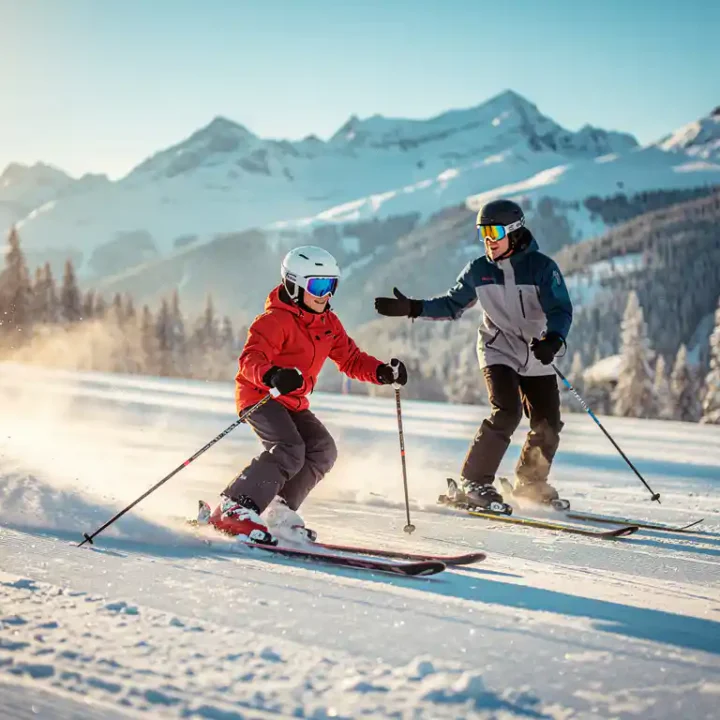 Beginner skiër maakt eerste voorzichtige bocht op brede piste, begeleid door instructeur, besneeuwde bergtoppen onder blauwe lucht.