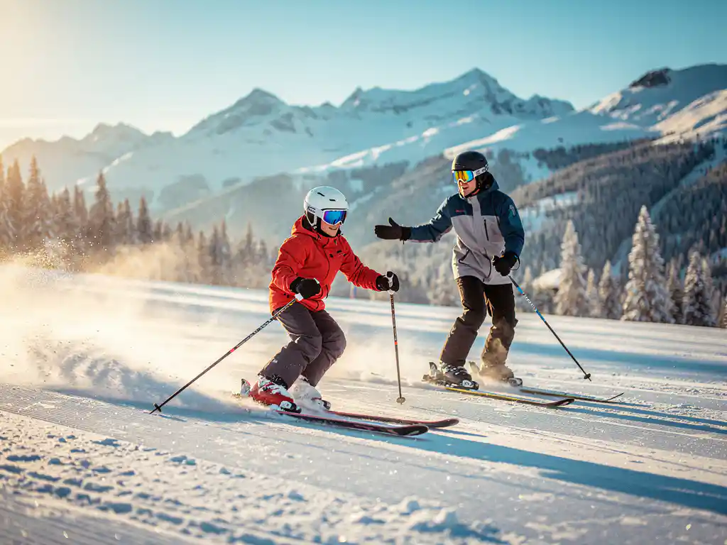 Beginner skiër maakt eerste voorzichtige bocht op brede piste, begeleid door instructeur, besneeuwde bergtoppen onder blauwe lucht.