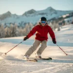 Beginner skiër maakt eerste voorzichtige bocht op verzorgde Alpine piste in sneeuwploegstand, omringd door besneeuwde bergtoppen.