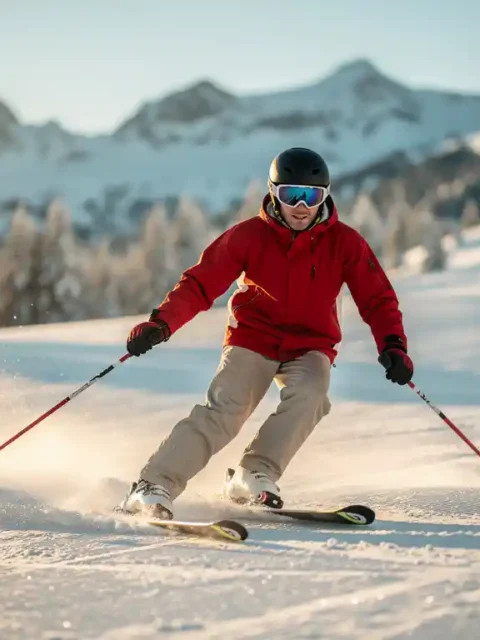Beginner skiër maakt eerste voorzichtige bocht op verzorgde Alpine piste in sneeuwploegstand, omringd door besneeuwde bergtoppen.