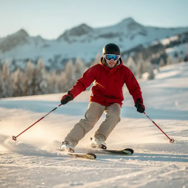 Beginner skiër maakt eerste voorzichtige bocht op verzorgde Alpine piste in sneeuwploegstand, omringd door besneeuwde bergtoppen.