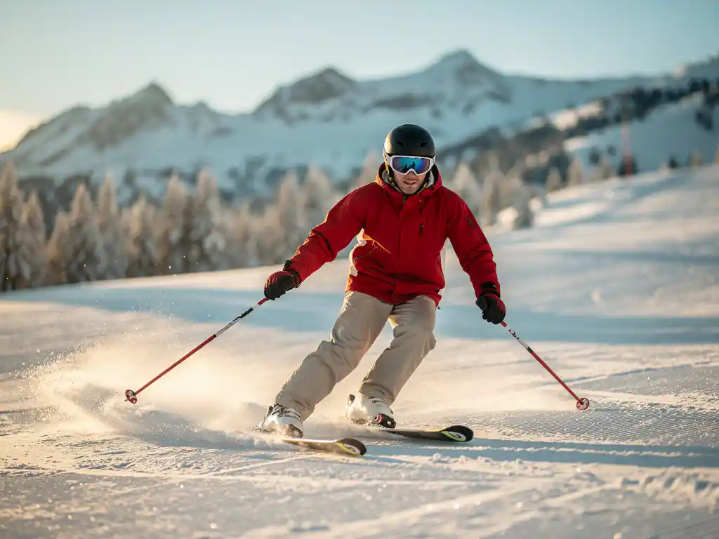 Beginner skiër maakt eerste voorzichtige bocht op verzorgde Alpine piste in sneeuwploegstand, omringd door besneeuwde bergtoppen.