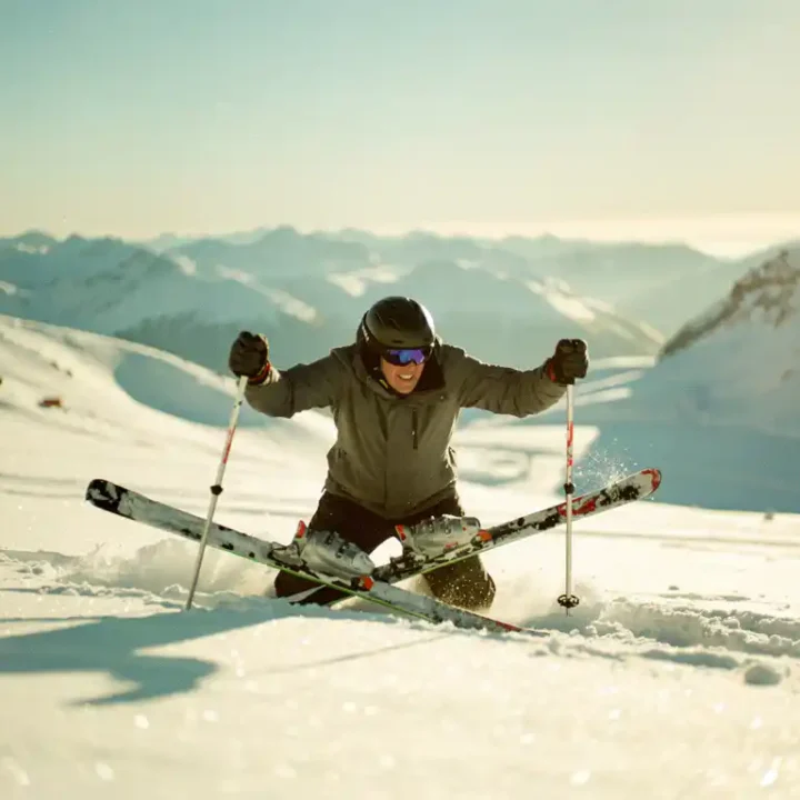 Beginnende skiër gevallen in poedersneeuw op zonnige alpiene helling, opstaan met skistokken in glinsterende witte bergen.