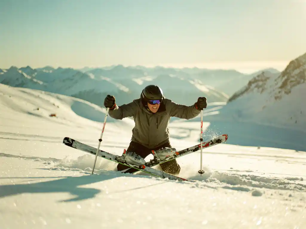 Beginnende skiër gevallen in poedersneeuw op zonnige alpiene helling, opstaan met skistokken in glinsterende witte bergen.