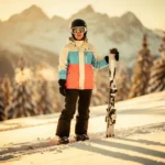 Beginnende skiër in felgekleurd huurjack op zachte besneeuwde helling, met korte brede ski's in verse poedersneeuw, Alpiene achtergrond.