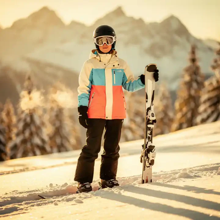 Beginnende skiër in felgekleurd huurjack op zachte besneeuwde helling, met korte brede ski's in verse poedersneeuw, Alpiene achtergrond.