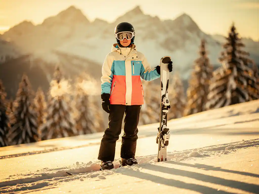 Beginnende skiër in felgekleurd huurjack op zachte besneeuwde helling, met korte brede ski's in verse poedersneeuw, Alpiene achtergrond.
