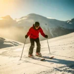 Beginnende skiër in rode jas op zachte besneeuwde helling, skipoles in poedersneeuw, Alpiene toppen op de achtergrond.