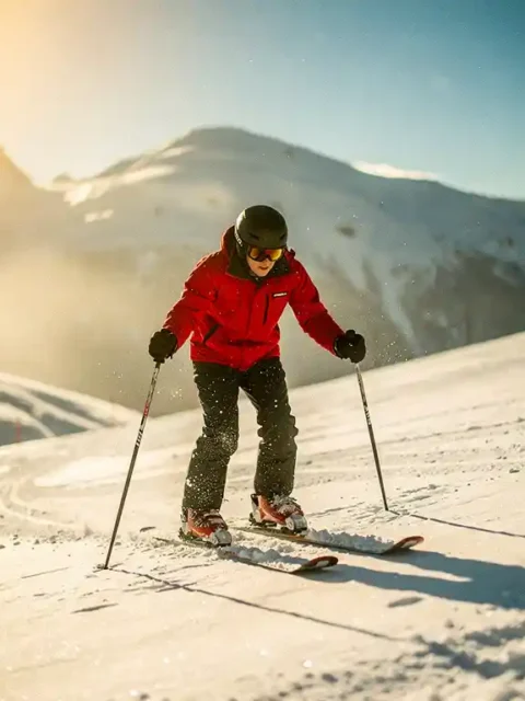 Beginnende skiër in rode jas op zachte besneeuwde helling, skipoles in poedersneeuw, Alpiene toppen op de achtergrond.