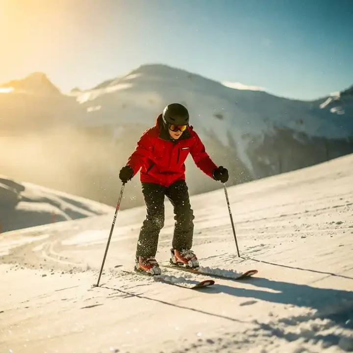 Beginnende skiër in rode jas op zachte besneeuwde helling, skipoles in poedersneeuw, Alpiene toppen op de achtergrond.