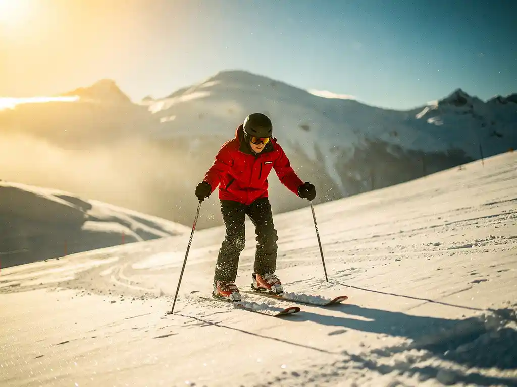 Beginnende skiër in rode jas op zachte besneeuwde helling, skipoles in poedersneeuw, Alpiene toppen op de achtergrond.