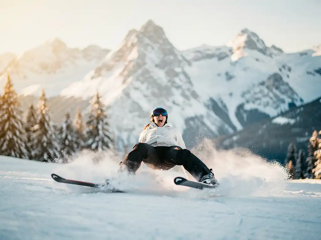 Beginnende skiër op besneeuwde Alpenhelling die achterover leunt met uitwaaierende ski's, mislukte pizzapunt-houding, dennenbomen op de achtergrond.