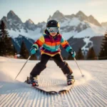 Beginner skiër in sneeuwploegstand met ski's in V-vorm op verzorgde alpiene piste, besneeuwde bergtoppen op de achtergrond.