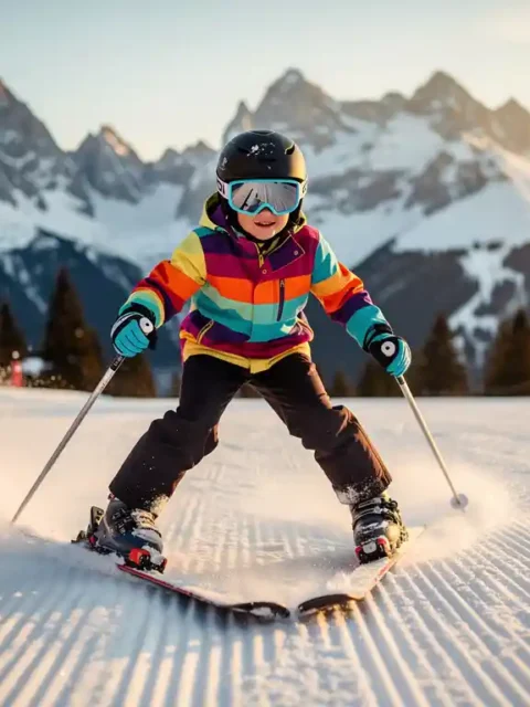 Beginner skiër in sneeuwploegstand met ski's in V-vorm op verzorgde alpiene piste, besneeuwde bergtoppen op de achtergrond.