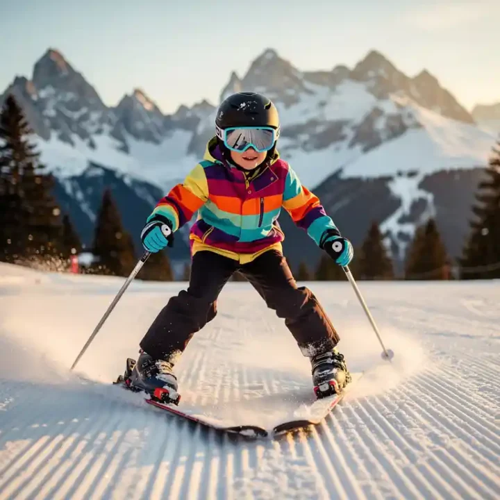 Beginner skiër in sneeuwploegstand met ski's in V-vorm op verzorgde alpiene piste, besneeuwde bergtoppen op de achtergrond.