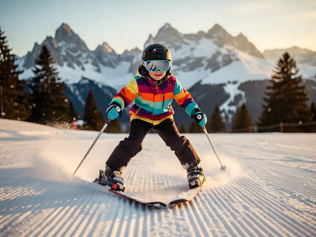 Beginner skiër in sneeuwploegstand met ski's in V-vorm op verzorgde alpiene piste, besneeuwde bergtoppen op de achtergrond.