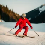 Beginnende skiër in rood jack voert een ploegschaar-bocht uit op een verzorgde blauwe piste, skitoppen in V-vorm in witte sneeuw.