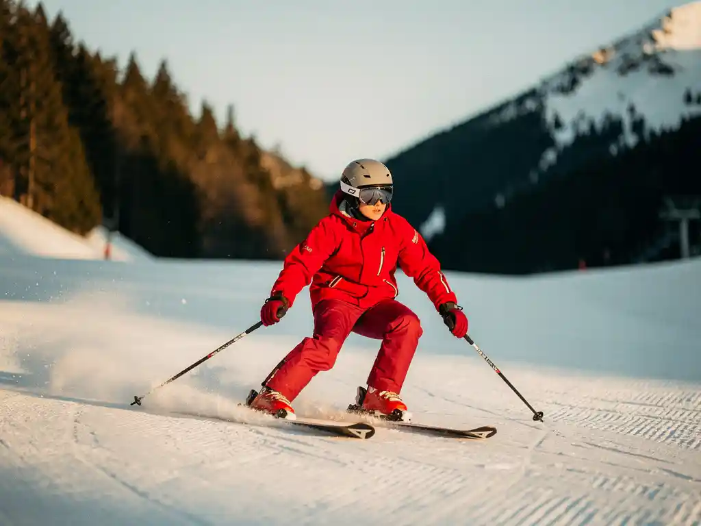 Beginnende skiër in rood jack voert een ploegschaar-bocht uit op een verzorgde blauwe piste, skitoppen in V-vorm in witte sneeuw.
