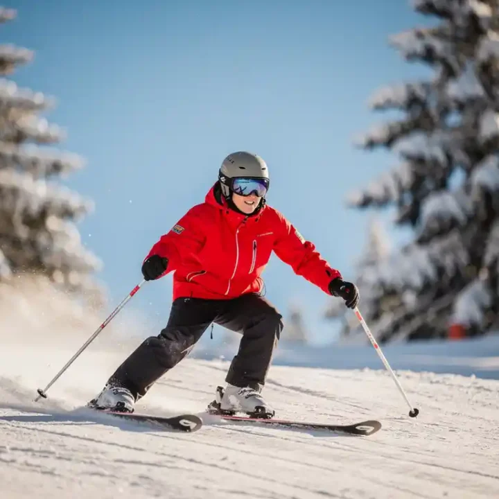 Beginner skiër in felrood jack maakt een ploegbocht op een zacht glooiende, verzorgde piste met besneeuwde dennenbomen op de achtergrond.
