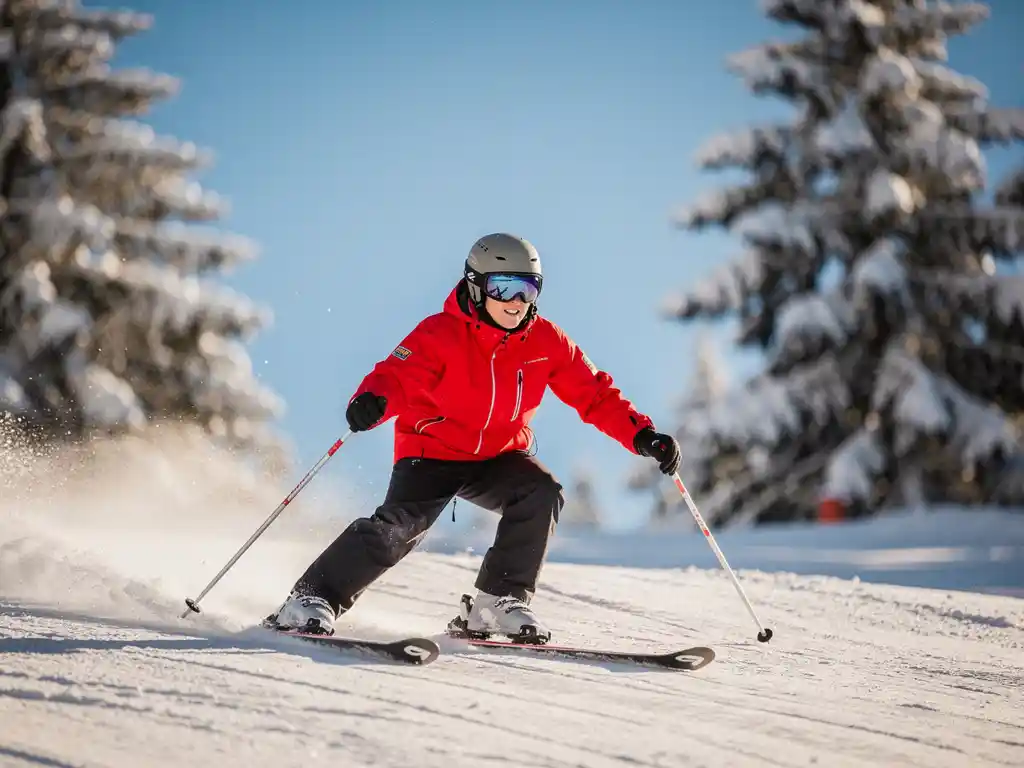 Beginner skiër in felrood jack maakt een ploegbocht op een zacht glooiende, verzorgde piste met besneeuwde dennenbomen op de achtergrond.