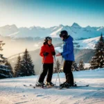 Nerveuze skiër in rode jas met skipoles bovenaan een zachte piste, begeleidt door instructeur, met Alpenpanorama en dennenbomen op de achtergrond.