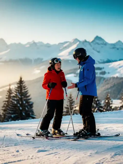 Nerveuze skiër in rode jas met skipoles bovenaan een zachte piste, begeleidt door instructeur, met Alpenpanorama en dennenbomen op de achtergrond.