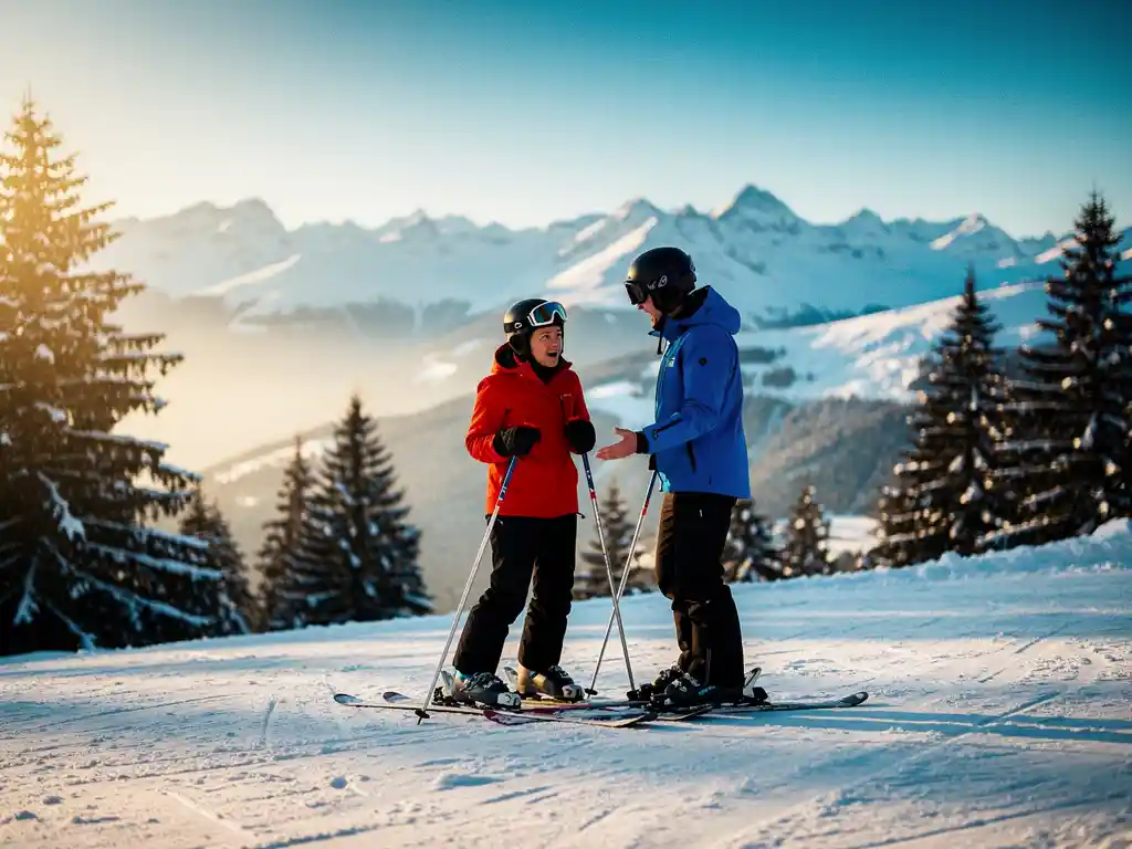 Nerveuze skiër in rode jas met skipoles bovenaan een zachte piste, begeleidt door instructeur, met Alpenpanorama en dennenbomen op de achtergrond.
